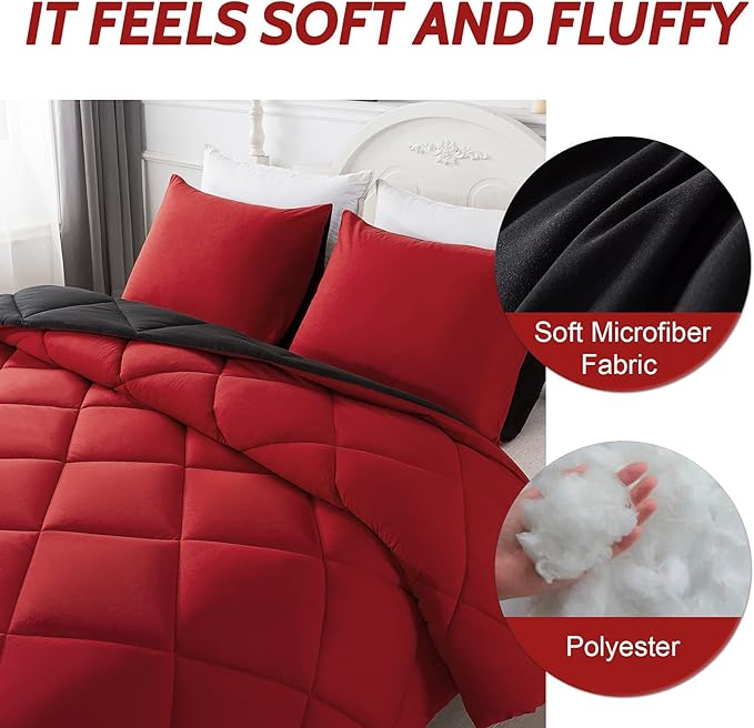Decroom Lightweight Full Comforter Set with 2 Pillow Sham - 3 Pieces Set - Quilted Down Alternative Comforter/Duvet Insert for All Season - Red/Black - Full Size