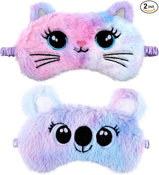 2 Pcs Plush Eye Mask Soft Sleeping Blindfold Eye Cover Comfortable Cute Animal Sleeping Mask Satin Nap Night Eyeshade Cover for Women Men Gift(Purple, Cat&Koala Style)