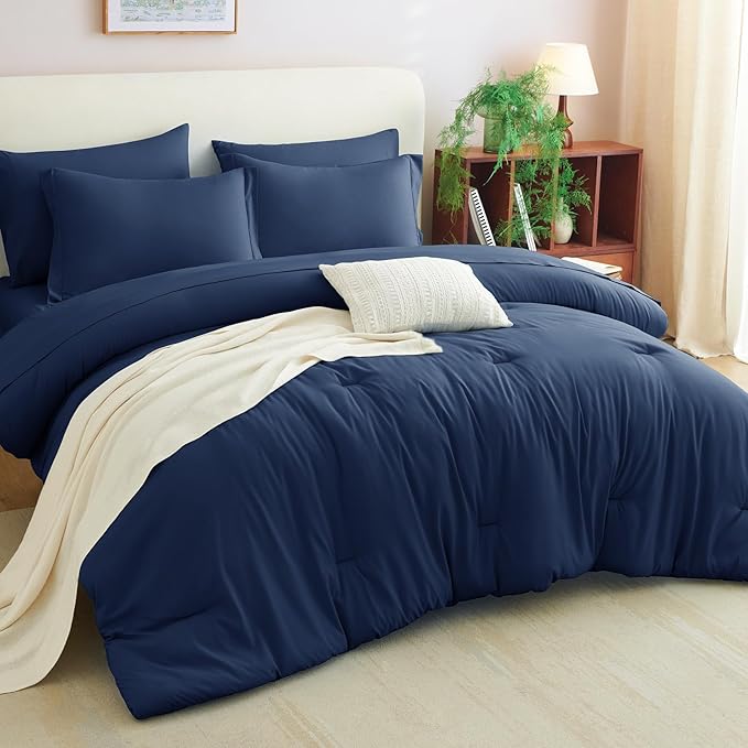 CozyLux Queen Comforter Set Navy Blue, 7 Pieces Bed in a Bag Queen Comforter Set with Sheets, Luxury Soft Bedding Sets with Down Alternative Comforter, Fitted Sheet, Flat Sheet, Pillowcases & Shams