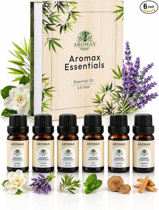 Aromax 6 Pack Essential Oils Gift Set Lavender, Mint, Sandalwood, Teakwood, Tea Tree & Gardenia for Relaxation, Sleep & Stress Relief Aromatherapy Oils for Diffuser, Spa, Home, Meditation & Self-Care