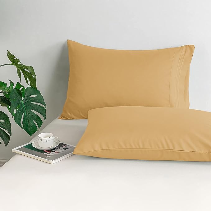 Mocassi 2-Piece Premium Standard/Queen Pillowcase Set 1800 Series Hotel Quality Microfiber - Soft and Breathable with 3-Line Embroidery Wrinkle and Stain Resistant, Easy Care, 20" x 30", Gold