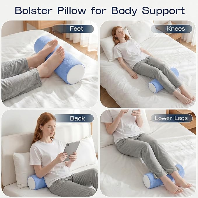 Neck Roll Cervical Pillow for Neck Pain Relief - Memory Foam Neck Pillow for Bed, Round Neck Pillows for Sleeping, 15.7 * 6 * 6inch (Blue-White)