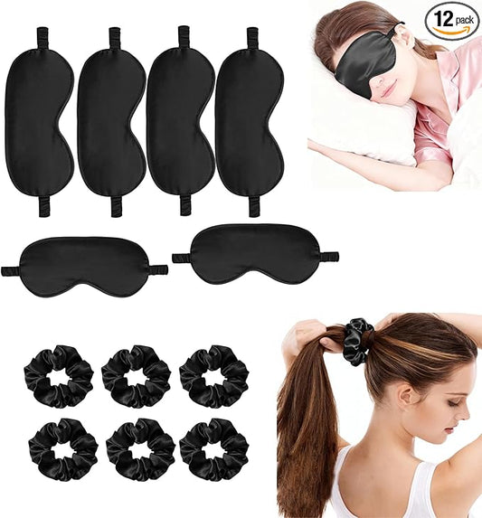 12Pcs Silk Sleep Masks Satin Eye Mask Silky Eyes Cover Blindfold Eyeshade Hair Ties Scrunchy Travel Bridesmaids Gifts