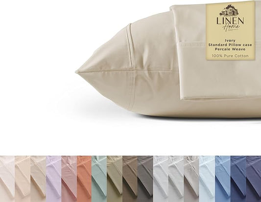 100% Cotton Percale Pillowcases Standard/Queen Size, Set of 2 - Combed Cotton Pillow Cases 20x30, Crisp & Cooling, Breathable, No Pilling - Ivory | Linen Home