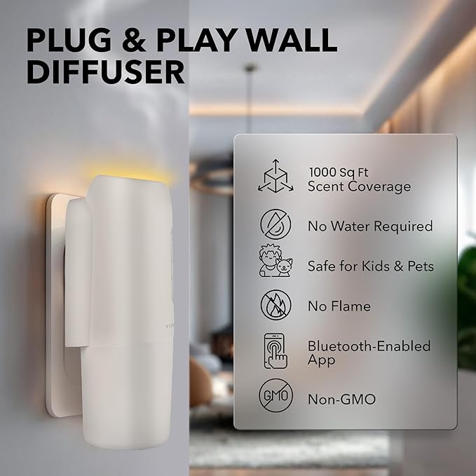 Whisper Smart Plug-in Waterless Essential Oil Diffuser – Bluetooth App Control, Silent Cold Air Atomization, 1000 Sq Ft Coverage, Safe for Kids & Pets