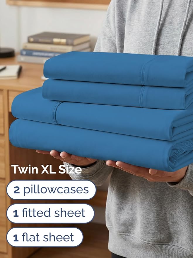 Extra Deep Twin XL Sheet Set - 4 Piece Breathable and Cooling Sheets - Hotel Luxury Bedding for Women, Men, Kids & Teens - Easy & Secure Fit - Soft and Wrinkle Free - Extra Deep Pockets - Denim Blue