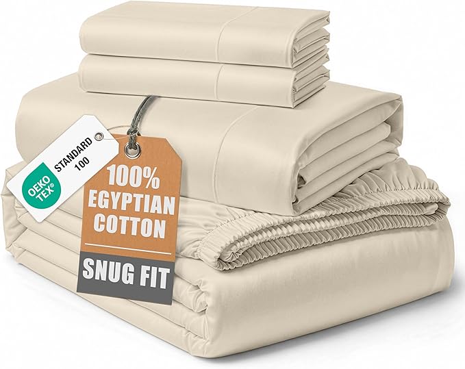LANE LINEN 100% Egyptian Cotton King Size Sheets Set, Soft & Comfy Luxury Hotel Style Thick Deep Pocket King Sheet Set, No Pill Natural Cooling Elegant, 15" Deep Pocket - Summer Sand