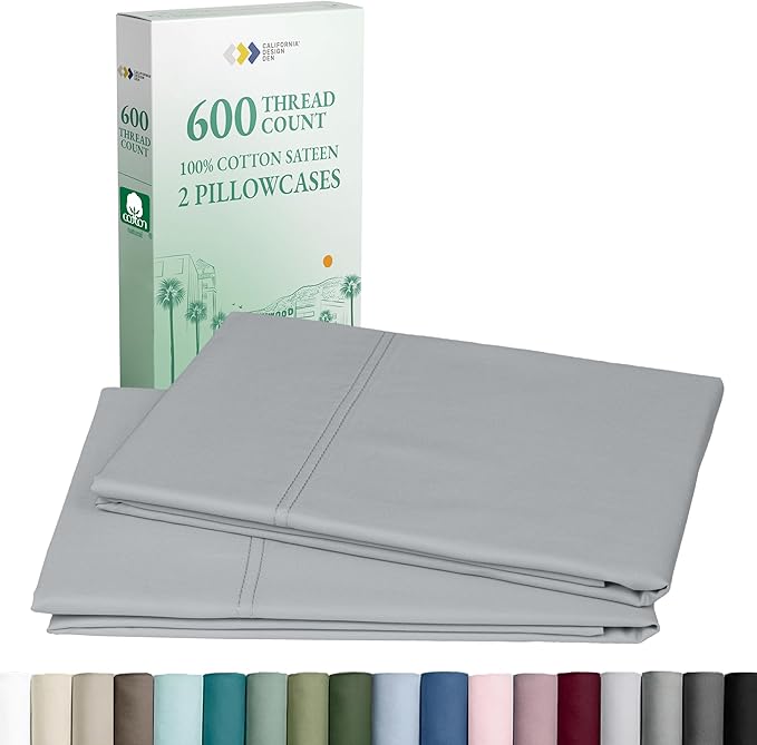 CALIFORNIA DESIGN DEN Luxuriously Soft Hotel Quality 600 Thread Count, 100% Cotton Set of 2 Cases, Crisp & Cool Light Gray Pillow Cases Standard Fits Standard & Queen Pillows (Light Gray)