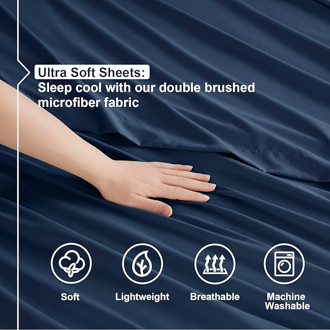 Nestl Twin XL Size Sheet Set, 4 Piece Extra Deep Pocket (18-24 inches), Microfiber, Hotel Luxury, Soft, Breathable, Wrinkle-Free, Easy to Care, Navy Blue
