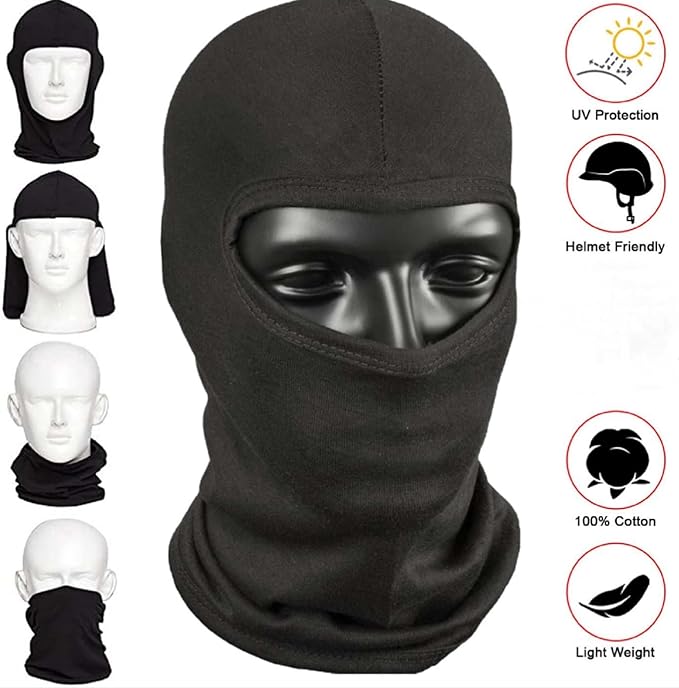 100% Cotton Balaclava Face Mask, UV Protection, Helmet Friendly, Light Weight Black