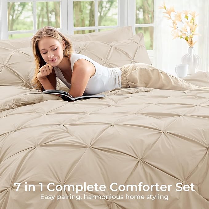 Sasttie Queen Comforter Set, 7-Piece Bed in a Bag, Pintuck Bedding Sets for All Season, Includes Comforter, Flat Sheet, Fitted Sheet, Pillowcases and Pillowshams, Warm Beige