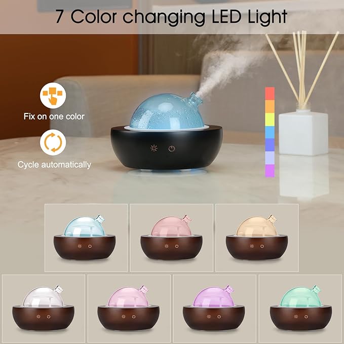 Glass Essential Oil Diffuser,Real Wood Base,The 2024 Upgrade Aromatherapy Diffuser,Aroma Diffuse Humidifier,LED Light in 7 Colors，Suitable for Home Office Bedroom-Brown
