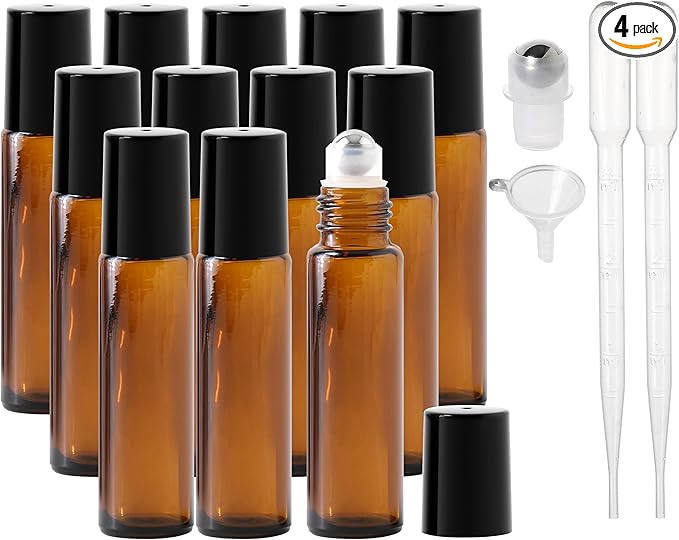 Essential Oil Roller Bottles, 10ml Thick Glass Perfume Roller Bottles with Funnel Opener and Dropper Colored Glass Empty Bottles with Stainless Steel Roller Balls (Brown - black cover, 12 Pack)