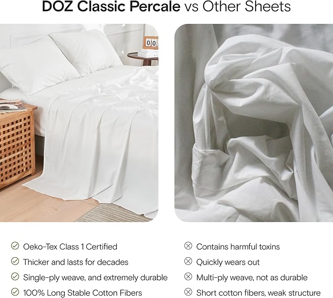 DOZ 100% Long Staple Cotton Sheet Sets, Classic Crisp Percale Weave, Breathable, Matte Finish, Hotel Style, Durable, 4pc – 2 Pillowcases 1 Fitted 1 Flat (Storm, King)