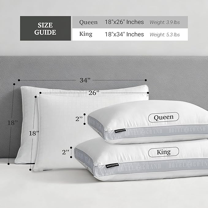 Hotel Grand Bed Pillows Queen Size Set of 2, 500 Thread Count Cotton Cover, Down Alternative Hotel Pillow for Side, Back, or Stomach Sleepers, Medium Firm Hypoallergenic 18”x26”