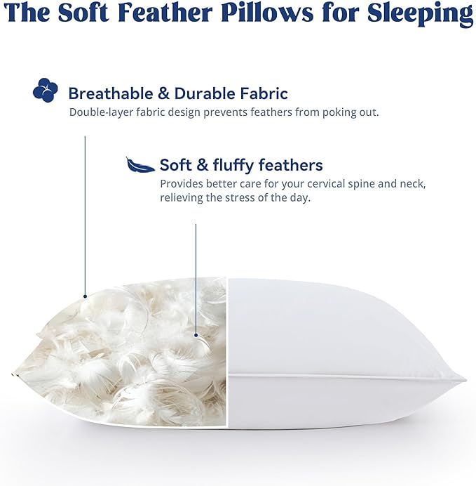 puredown® Goose Feather Down Pillows King Size Set of 2, Soft Fluffy Luxury Hotel Collection Bed Pillow for Back, Stomach or Side Sleeper.