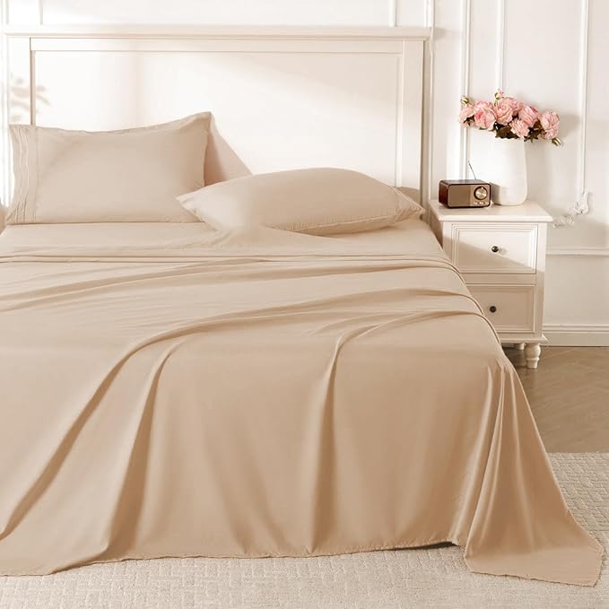 ROSE&RISY Khaki Twin Sheet Set, 3 Pieces Soft Bedding Twin Sheet Set, Breathable and Cooling,Includes Fitted, Flat, Pillow Cases - Deep Pocket (Khaki, Twin)