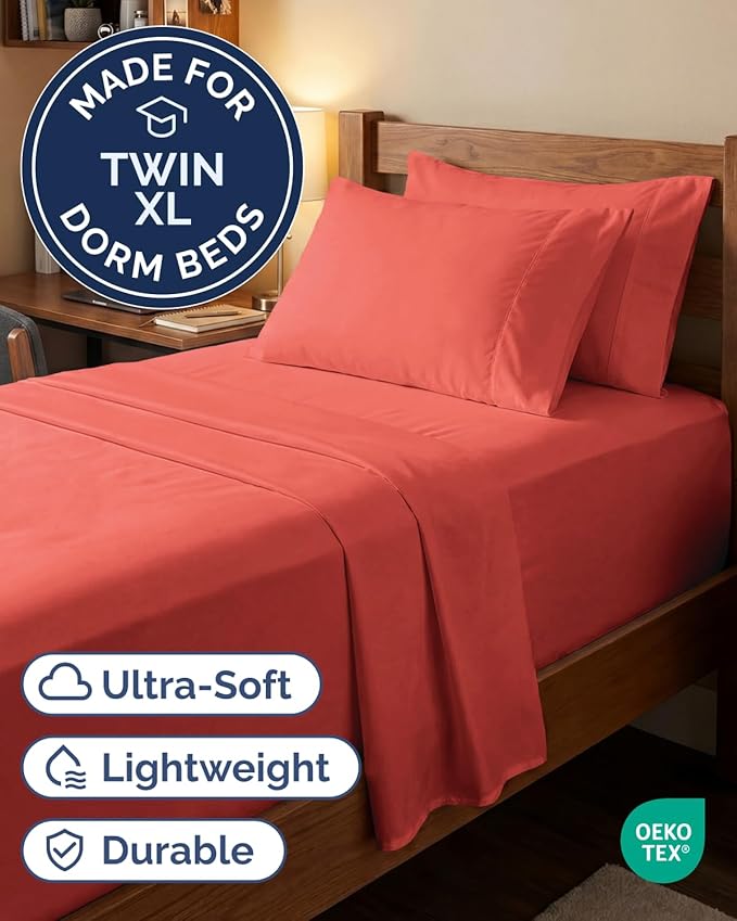 Extra Deep Twin XL Sheet Set - 4 Piece Breathable and Cooling Sheets - Hotel Luxury Bedding for Women, Men, Kids & Teens - Easy & Secure Fit - Soft, Wrinkle Free and Comfy - Extra Deep Pockets - Coral