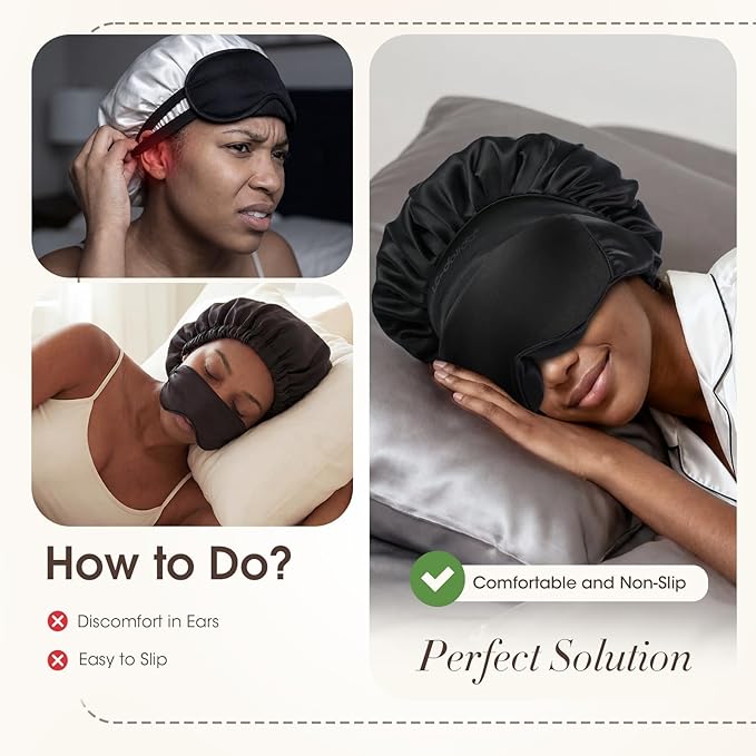 LC-dolida Satin Silk Bonnet for Sleeping Women Men, Hair Bonnet for Curly & Natural with Sleep Mask, Reduce Frizz