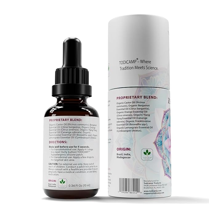 TODICAMP Anxiolytic Navel Patch & Skin Application Calming Essential Oil Blend for Relief & Relaxation - Bergamot Orange Ylang Ylang Frankincense Lemongrass in Castor Oil - 0.34oz