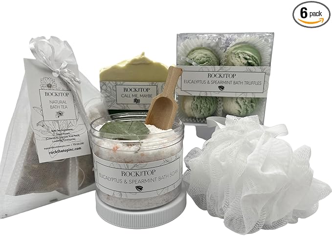 USA MADE | Eucalyptus Spearmint Spa Gift Baskets for Women. 6 Cold & Stress Self Care Gifts, Aromatherapy Epsom Salt Bath Soak, Bath Soap, Bath Bombs (Truffle), Bath Salts Gift Basket.