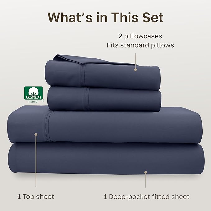 California Design Den Soft 100% Cotton Full Size Bed Sheets Set, 400 TC Good Housekeeping Award Winner, Smooth Sateen Finish with Deep Pockets, Cozy and Durable Full Bedding Set - Indigo Dusty Blue