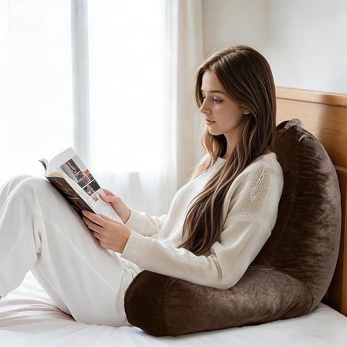 OAISZ Reading Pillow for Sitting in Bed Adult, Reading Pillow with Shredded Memory Foam, Back Pillow for Sitting Up with Extend Arms, Pockets, Bed Pillow with Washable Cover,Brown, X-Large