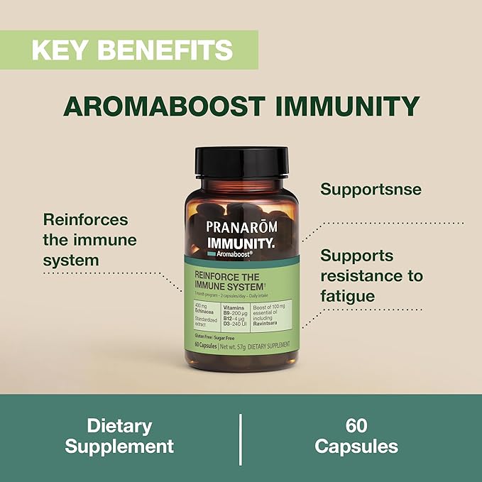 Pranarom - Aromaboost Immunity Herbal Supplement - Black Cumin, Echinacea, Vitamins B9, B12, D3, Pure Ravintsara Essential Oil for Immune Support - 60 Capsules