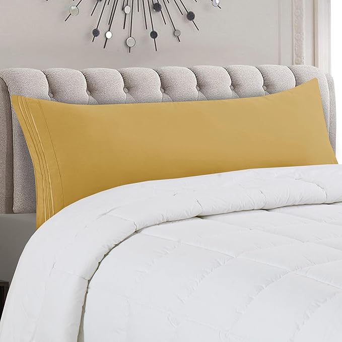 Mocassi 1-Piece Premium Body Pillowcase 1800 Series Hotel Quality Microfiber - Soft and Breathable with 3-Line Embroidery Wrinkle and Stain Resistant, Easy Care, 21" x 54", Gold