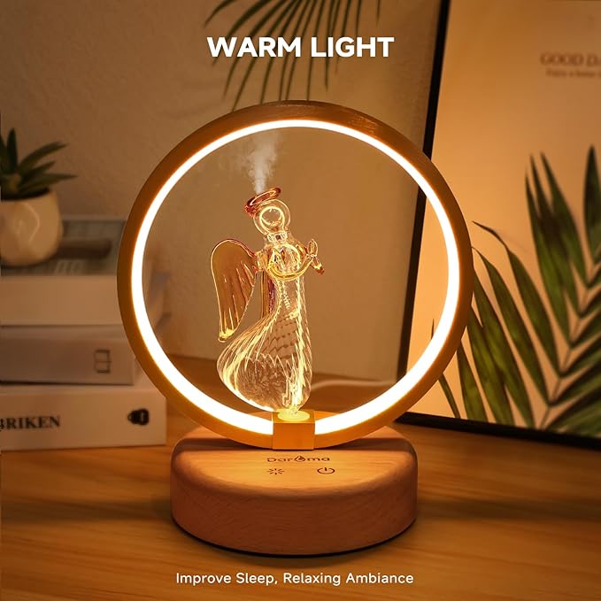 DAROMA Angel Handmade Glass & Wood Waterless Essential Oil Diffuser - Adjustable Mood Light, 2 Mist Modes for Home Office Decor, Pure Aromatherapy Gift