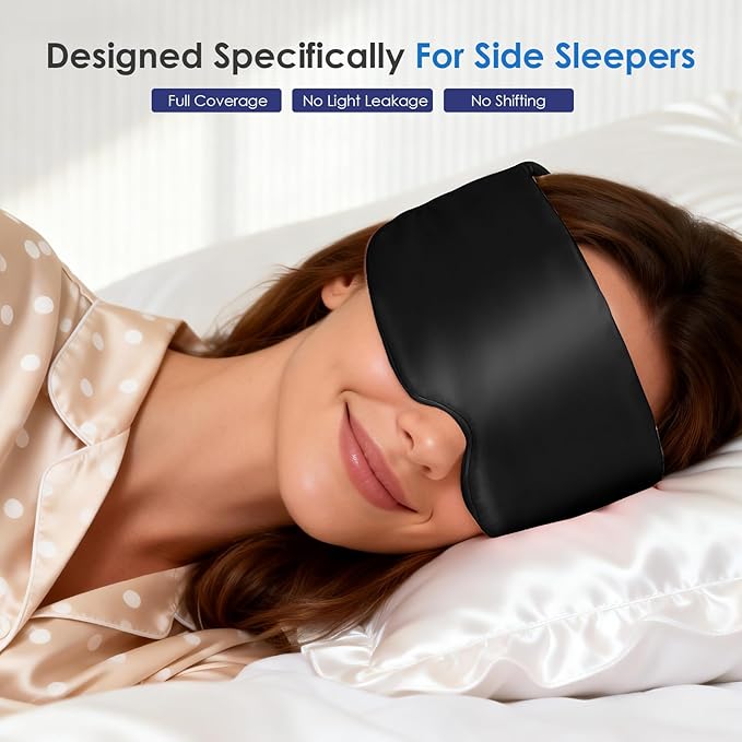 Weighted Eye Mask for Sleeping, Silk Sleep Mask for Side Sleeper with Adjustable Buckle, 100% Blockout Design, Ideal for Meditation, Relaxation and Travel, with Storage Pouch (Black)