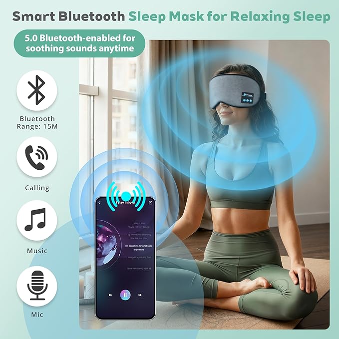 Sleep Mask Bluetooth Wireless Headphones, Sleep Earphones Music Eyemask, 2 in 1 Ear Mask and Eye Mask for Side Sleepers, Warm Earbuds Built-in HD Speakers Blindfold for Men Women (Grey)