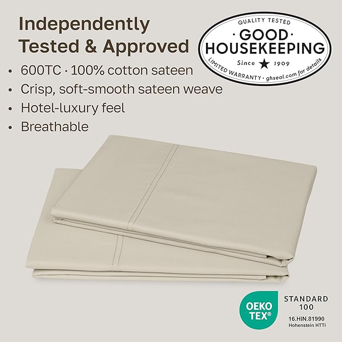 California Design Deinking Size Pillow Cases Set of 2-600 Thread Count Sateen, 100% Cotton Pillowcases King Size, Soft and Breathable - Beige