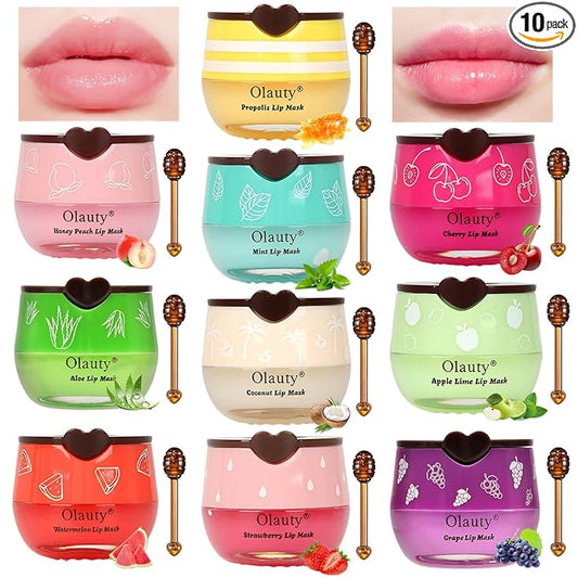 10Pcs Bee Lip Balm Honey Pot, Strawberry, Watermelon, Apple Lime, Cherry, Mint, Aloe Vera, Grapes, Coconut, Peach, Honey Lip Balm Bulk, Moisturizing Lip Mask Skincare, Mothers Day Gifts