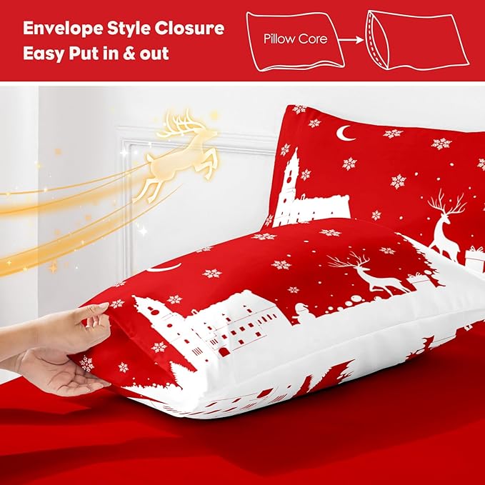 YIYEA Christmas King Size Pillow Cases Set of 4, Ultra Soft Double Brushed Microfiber Red Pillowcases and Christmas Pillow Covers, Envelope Closure, Fade Resistant (20"x36")