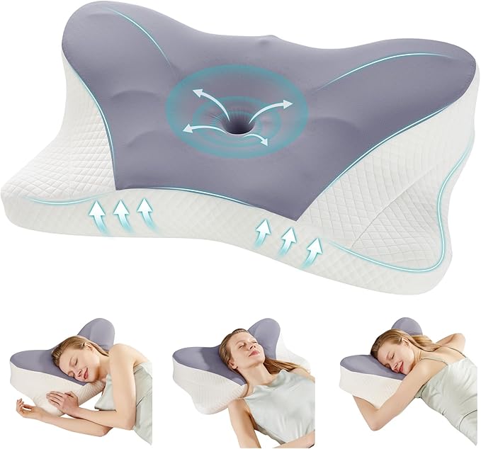NEWBULIG Cervical Neck Pillow, Ergonomic Memory Foam Pillow for Neck Pain Relief, Contour Bed Pillow with Neck Support for Side, Back & Stomach Sleepers, Queen, Dark Grey