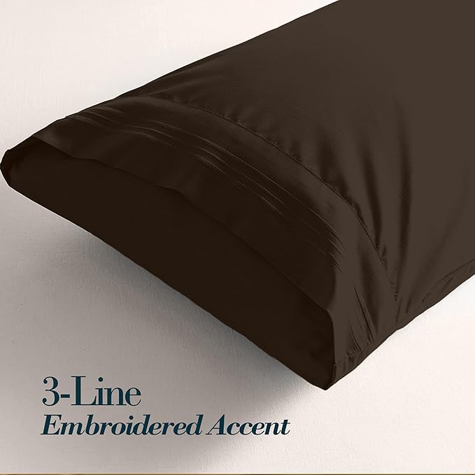 Mocassi 2-Piece Premium King Pillowcase Set 1800 Series Hotel Quality Microfiber - Soft and Breathable with 3-Line Embroidery Wrinkle and Stain Resistant, Easy Care, 20" x 40", Brown