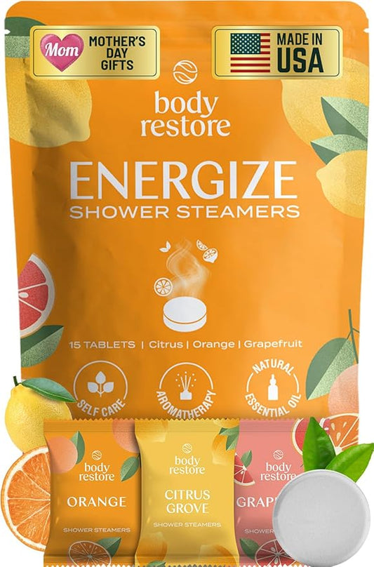 Body Restore Shower Steamers Aromatherapy 15 Pack – Mothers Day Gifts for Mom, Birthday Gifts for Women, Relaxation Stress Relief Self Care – Premium Citrus Essential Oil Tablets