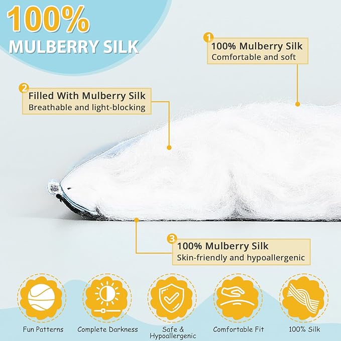 Kids Silk Sleep Mask – 100% Mulberry Silk Eye Cover, Kid Eye Mask with Adjustable Strap, Soft & Breathable Blackout Sleeping Mask for Boys and Girls Ages 5-15 (Baseball Style)