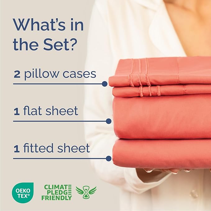 Cal King Size 4 Piece Sheet Set - Comfy Breathable & Cooling Sheets - Hotel Luxury Bed Sheets for Women & Men - Deep Pockets, Easy-Fit, Extra Soft & Wrinkle Free Sheets - Coral Oeko-Tex Bed Sheet Set