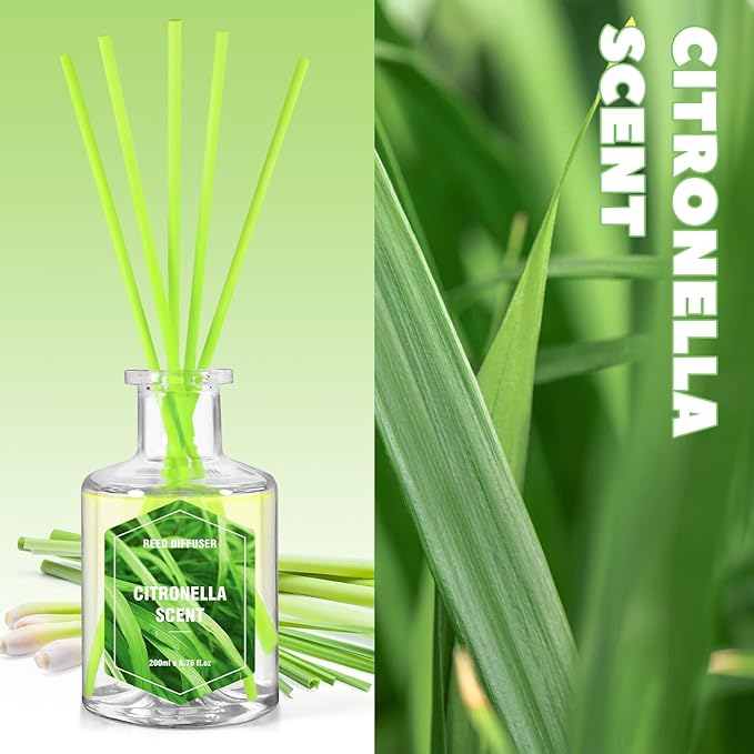 SCENTORINI Citronella Reed Diffuser Set, 6.7 Fl Oz Scented Diffusers for Home, Citronella Oil Reed Diffusers Refills, Suitable for Bedroom, Bathroom, Patio, Camping, Courtyard, Pool, Outdoor Use