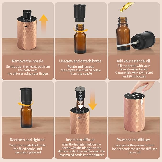 Waterless Essential Oil Diffuser - Rose Gold Portable Aromatherapy Scent Machine with 3 Mist Modes & Timer