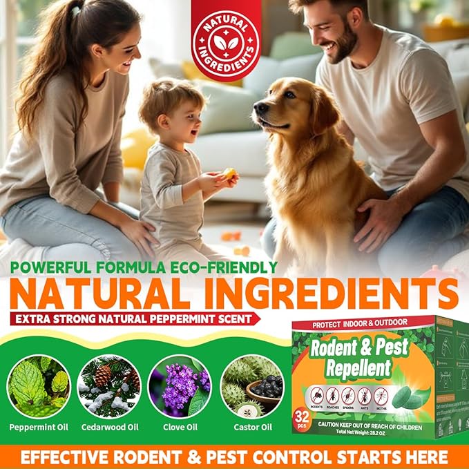 Rodent Mole Repellent for Indoor Outdoor - Peppermint Essential Oil Extra Strength for Mice Rat Mouse Bug Spider Roach Repellent Pouches, Moth Balls Pest Control Natural Home Safe 32 Packs