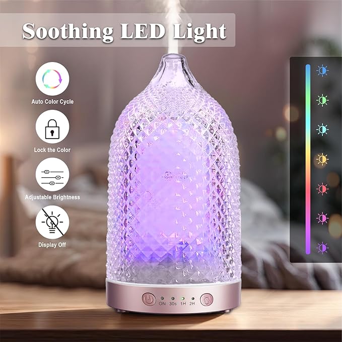 Glass Essential Oil Diffuser, 7 Colors Glass Diffusers for Essential Oils with 2 Mists Remote Control Auto-Off Timer, 200ML Aromatherapy Diffuser for Home Office Bedroom (Rose Gold)