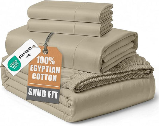 100% Egyptian Cotton Queen Size Sheets – 15" Deep Pocket Queen Sheet Set, Silky Sateen Weave for Winter Comfort, Breathable & Fade Resistant, Ultra-Soft Luxury Bedding for Holiday Home Décor - Linen