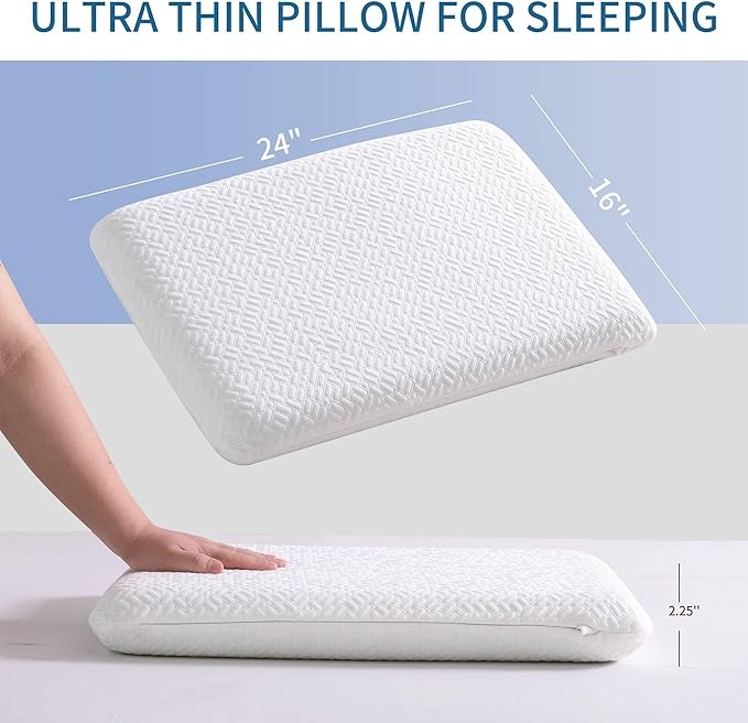 Ultra Thin, Flat Pillow for Sleeping 2.25 Inch Height, Thin Memory Foam Pillow for Stomach Sleeper, Slim Bed Pillow for Side and Back Sleepers, Standard Size