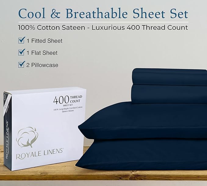 ROYALE LINENS 400 Thread Count 100% American Grown Cotton 4 Piece Sateen King Sheet Set - 1 Fitted Sheet, 1 Flat Sheet, 2 Pillow case - Navy King Bedsheet - Cotton Sheets - (King, Rivera Navy)