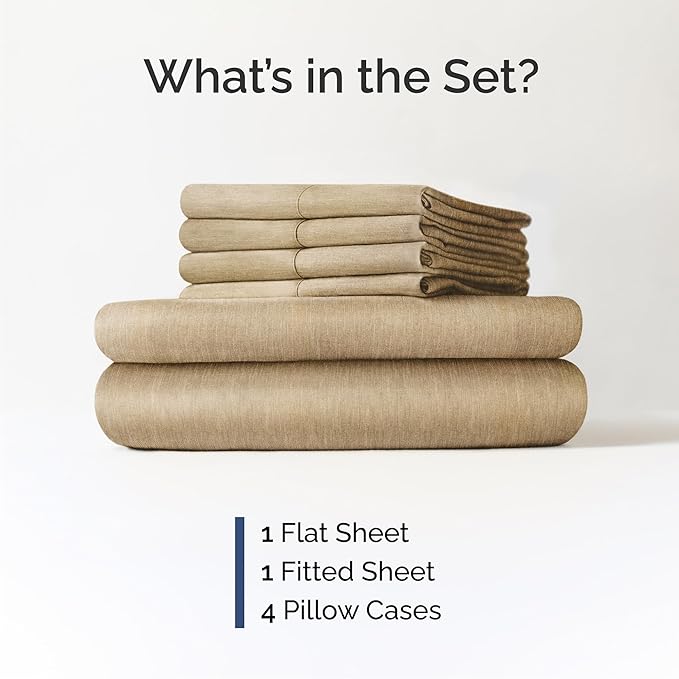 Cal King 6 Piece Sheet Set - Comfy, Breathable & Cooling - Soft Hotel Luxury Bedding for Women, Men, Kids, Teens & Children - 1 Flat & 1 Fitted Sheet & 4 Pillowcases w/ Deep Pockets - Heathered Tan