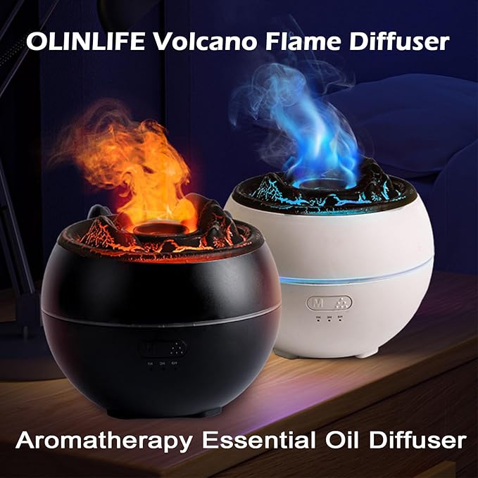 Volcano Essential Oil Diffuser, Volcano Flame Aromatherapy Diffuser, 7 Colors Fire Light & 4 Essential Oils, 360ml Auto-Off Cool Mist Ultrasonic Humidifier/Diffuser for Home Party Holiday