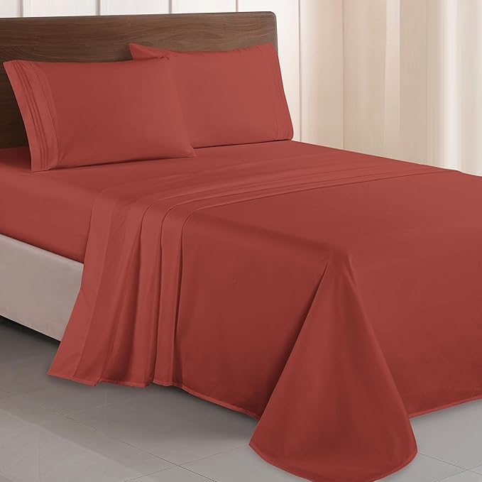 Elegant Comfort Luxurious 1500 Premium Hotel Quality Microfiber Three Line Embroidered Softest 4-Piece Bed Sheet Set, Wrinkle and Fade Resistant, King, Rust
